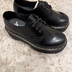 Dr. Martens Black Leather Flats with Yellow Stitching